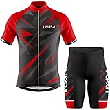 Lixada Ropa de Ciclismo para Hombre,Manga Corta Transpirable + Pantalones Cortos Acolchados,Traje de Ropa de Bicicleta de Montaña (Rojo+Negro, L)